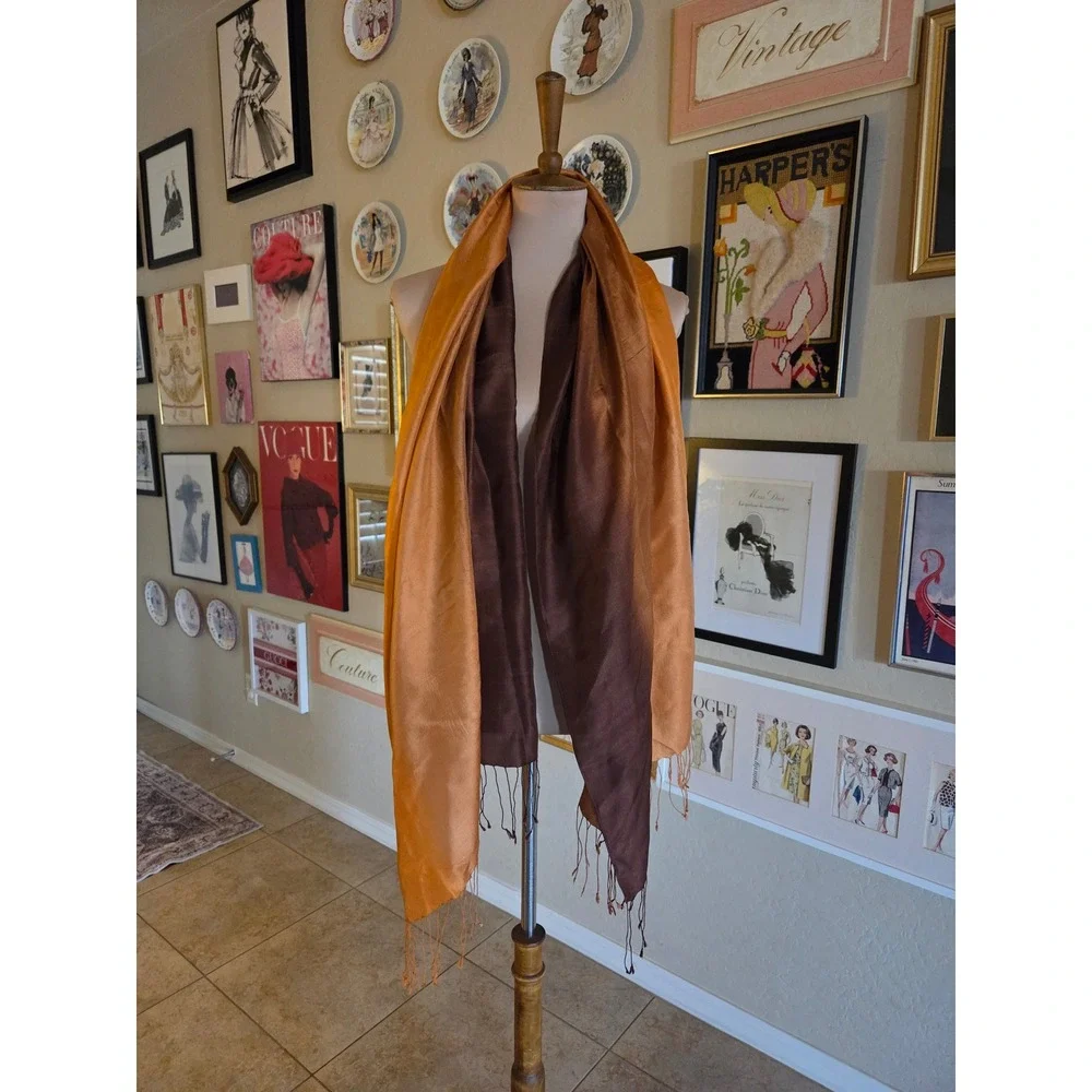 Chicos 100% Silk Ombre Gradient Scarf Brown Copper Gold Fringed Wrap NWT